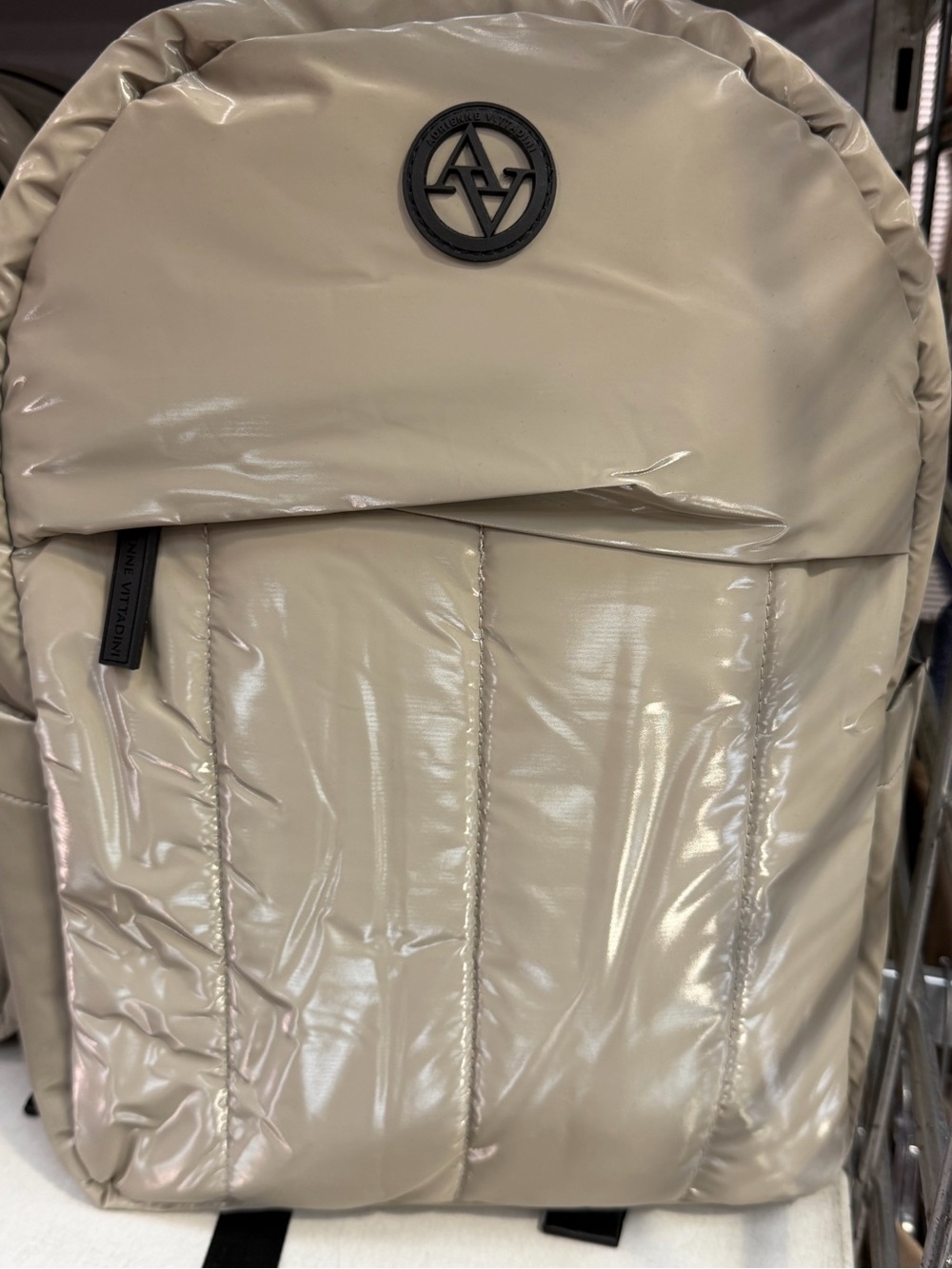 Adrienne Vittadini Glossy Taupe Puffer Backpack